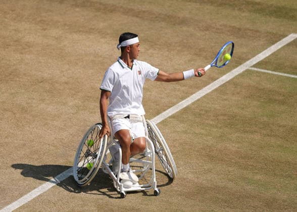 RECORD DATE NOT STATED 9th July 2026; All England Lawn Tennis and Croquet Club, London, England; Wimbledon Tennis Tournament, Day Eleven; Tokito Oda (JPN) with a forehand shot to Takuya Miki (JPN) JohnxPatrickxFletcher