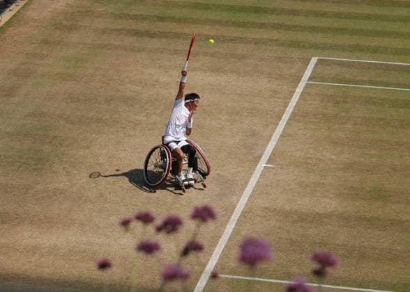 RECORD DATE NOT STATED 9th July 2026; All England Lawn Tennis and Croquet Club, London, England; Wimbledon Tennis Tournament, Day Eleven; Takuya Miki (JPN) serves to Tokito Oda (JPN) JohnxPatrickxFletcher