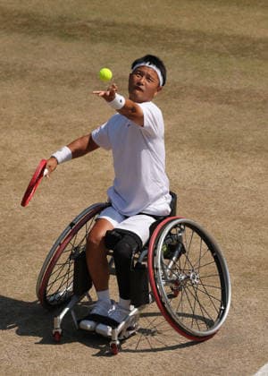 RECORD DATE NOT STATED 9th July 2026; All England Lawn Tennis and Croquet Club, London, England; Wimbledon Tennis Tournament, Day Eleven; Takuya Miki (JPN) serves to Tokito Oda (JPN) JohnxPatrickxFletcher