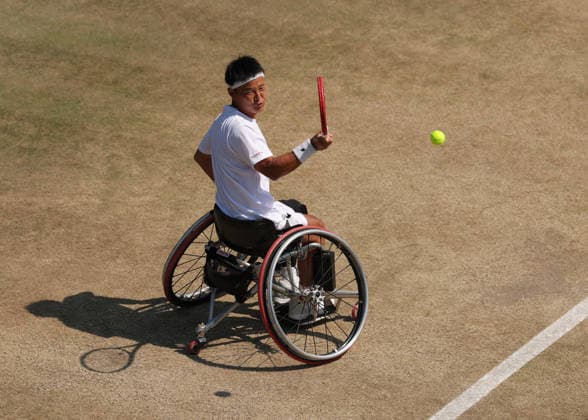 RECORD DATE NOT STATED 9th July 2026; All England Lawn Tennis and Croquet Club, London, England; Wimbledon Tennis Tournament, Day Eleven; Takuya Miki (JPN) with a forehand shot to Tokito Oda (JPN) JohnxPatrickxFletcher