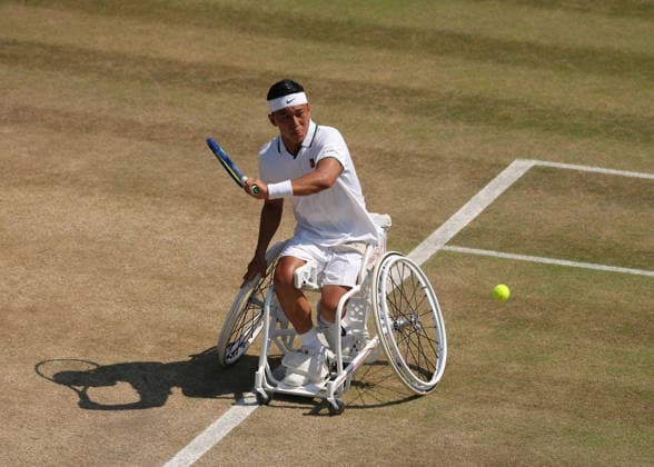 RECORD DATE NOT STATED 9th July 2026; All England Lawn Tennis and Croquet Club, London, England; Wimbledon Tennis Tournament, Day Eleven; Tokito Oda (JPN) with a backhand shot to Takuya Miki (JPN) JohnxPatrickxFletcher