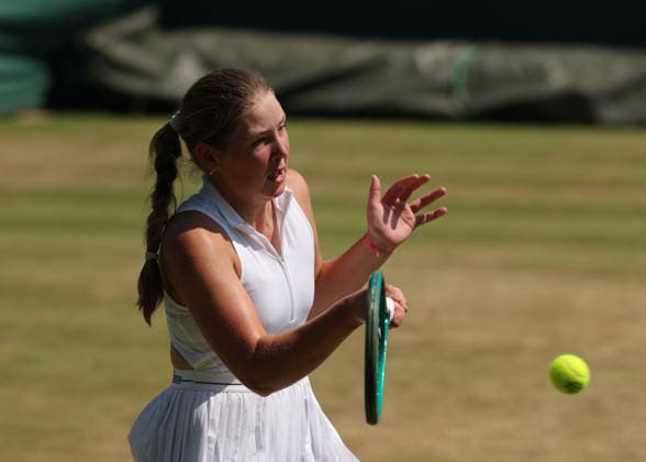 RECORD DATE NOT STATED 9th July 2026; All England Lawn Tennis and Croquet Club, London, England; Wimbledon Tennis Tournament, Day Eleven; Isabella Rebel (GBR) with a forehand shot to Ayaka Iwasa (JPN) JohnxPatrickxFletcher