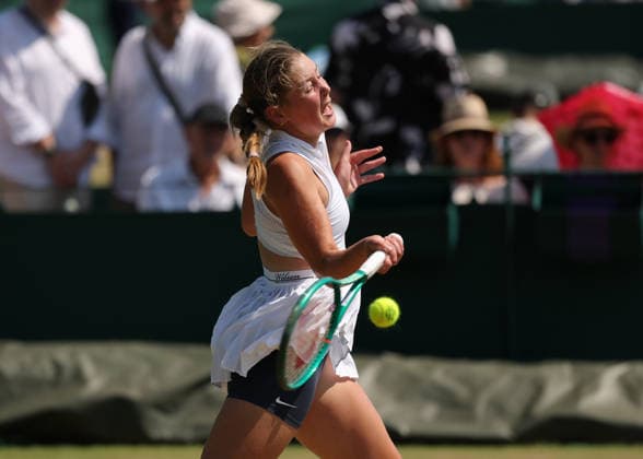 RECORD DATE NOT STATED 9th July 2026; All England Lawn Tennis and Croquet Club, London, England; Wimbledon Tennis Tournament, Day Eleven; Isabella Rebel (GBR) with a forehand shot to Ayaka Iwasa (JPN) JohnxPatrickxFletcher