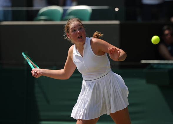 RECORD DATE NOT STATED 9th July 2026; All England Lawn Tennis and Croquet Club, London, England; Wimbledon Tennis Tournament, Day Eleven; Isabella Rebel (GBR) with a forehand shot to Ayaka Iwasa (JPN) JohnxPatrickxFletcher