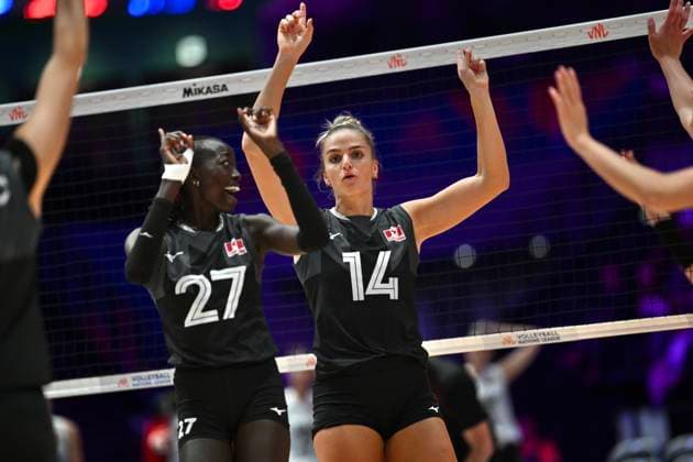 RECORD DATE NOT STATED HONG KONG-SPORTS Volleyball Nations League Hong Kong Nyadholi Thokbuom (No.27) and Hilary Johnson Howe (No.14) from team Canada during the match between Canada and Belgium at Volleyball Nations League Hong Kong 2026 in Hong Kong, July 9, 2026.NEXPHER Kobe Li Hong Kong