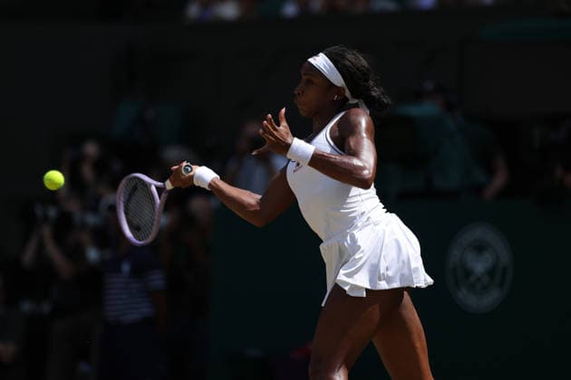 RECORD DATE NOT STATED 9th July 2026; All England Lawn Tennis and Croquet Club, London, England; Wimbledon Tennis Tournament, Day Eleven; Coco Gauff (USA) with a forehand shot to Karolina Muchova (CZE) JohnxPatrickxFletcher