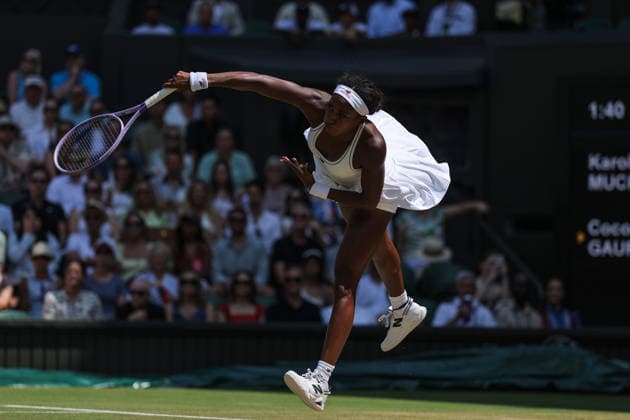 RECORD DATE NOT STATED 9th July 2026; All England Lawn Tennis and Croquet Club, London, England; Wimbledon Tennis Tournament, Day Eleven; Coco Gauff (USA) serves to Karolina Muchova (CZE) JohnxPatrickxFletcher