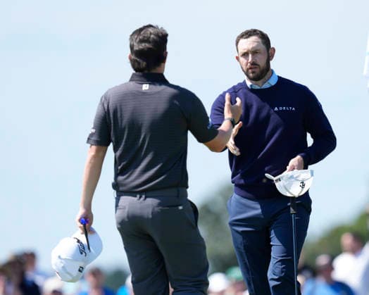 NORTH BERWICK, SCOTLAND - JULY 9: Patrick Cantlay shakes hands with Ewen Ferguson after Round 1 of the Genesis Scottish Open at the Renaissance Club, North Berwick on July 9, 2026 in North Berwick, Scotland Genesis Scottish Open Round 1