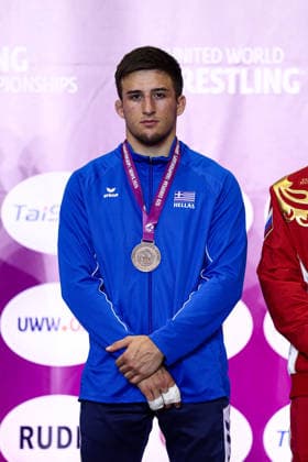 U20 European Championships Podium 72kg GR - Bronze: Arionas Kolitsopoulos (GRE) *** U20 European Championships, 72kg Greco-Roman, Bronze Medal: Arionas Kolitsopoulos (GRE) Copyright: xJakexKirkmanx xUnitedxWorldxWresx Jake Kirkman United World Wres