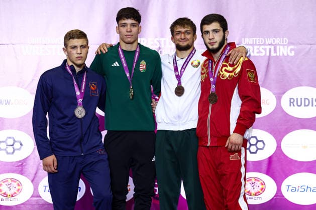 U20 European Championships Podium 67kg GR - Gold: Petro Zhytovoz (HUN), Silver: Ilias Laaouina (NED), Bronze: Mikhail Markouski (BLR), Amir Sovmiz (RUS) *** U20 European Championships Podium, 67 kg Greco-Roman: Gold – Petro Zhytovoz (HUN); Silver – Ilias Laaouina (NED); Bronze – Mikhail Markouski (BLR) and Amir Sovmiz (RUS) Copyright: xJakexKirkmanx xUnitedxWorldxWresx Jake Kirkman United World Wres