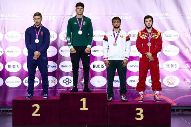 U20 European Championships Podium 67kg GR - Gold: Petro Zhytovoz (HUN), Silver: Ilias Laaouina (NED), Bronze: Mikhail Markouski (BLR), Amir Sovmiz (RUS) *** U20 European Championships Podium, 67 kg Greco-Roman: Gold – Petro Zhytovoz (HUN); Silver – Ilias Laaouina (NED); Bronze – Mikhail Markouski (BLR) and Amir Sovmiz (RUS) Copyright: xJakexKirkmanx xUnitedxWorldxWresx Jake Kirkman United World Wres