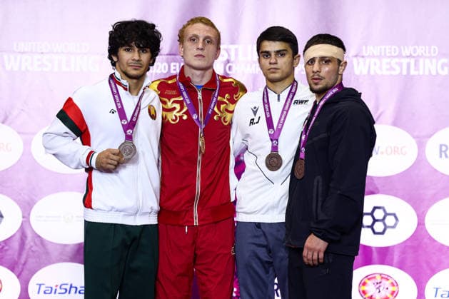 U20 European Championships Podium 60kg GR - Gold: Ilia Paniutin (RUS), Silver: Rasim Ibrahimau (BLR), Bronze: Aykhan Javadov (AZE), Kakhaber Goginashvili (GEO) *** U20 European Championships Podium, 60 kg Greco-Roman: Gold – Ilia Paniutin (RUS); Silver – Rasim Ibrahimau (BLR); Bronze – Aykhan Javadov (AZE); Kakhaber Goginashvili (GEO) Copyright: xJakexKirkmanx xUnitedxWorldxWresx Jake Kirkman United World Wres