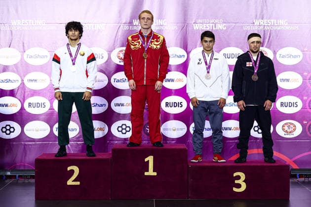 U20 European Championships Podium 60kg GR - Gold: Ilia Paniutin (RUS), Silver: Rasim Ibrahimau (BLR), Bronze: Aykhan Javadov (AZE), Kakhaber Goginashvili (GEO) *** U20 European Championships Podium, 60 kg Greco-Roman: Gold – Ilia Paniutin (RUS); Silver – Rasim Ibrahimau (BLR); Bronze – Aykhan Javadov (AZE); Kakhaber Goginashvili (GEO) Copyright: xJakexKirkmanx xUnitedxWorldxWresx Jake Kirkman United World Wres