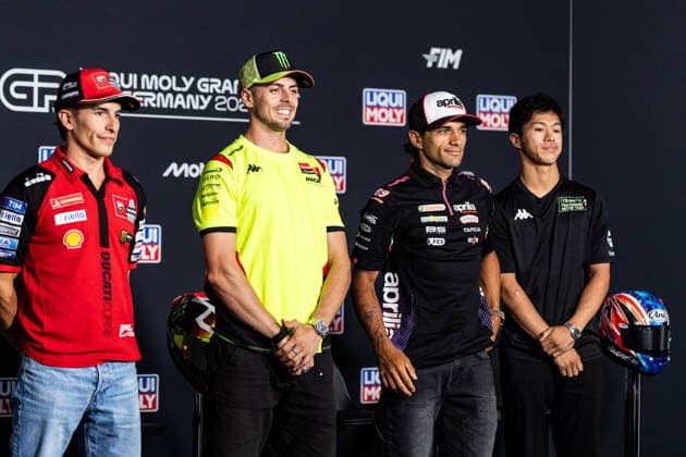 GER, Großer Preis von Deutschland, MotoGP. 11. Lauf, FIM Motorrad-Weltmeisterschaft. 09.07.2026, Sachsenring, Hohenstein-Ernstthal, GER, Großer Preis von Deutschland, MotoGP. 11. Lauf, FIM Motorrad-Weltmeisterschaft. 93, Marc Marquez, Ducati Lenovo Team, 49, Fabio Di Giannantonio, Pertamina Enduro VR46 Racing Team, 89, Jorge Martin, Aprilia Racing, 79, Ai Ogura, SuperFile Trackhouse MotoGP Team bei der Pressekonferenz Â Foto: Alexander Trienitz Hohenstein-Ernstthal Sachsenring Sachsen Deutschland *** GER, German Grand Prix, MotoGP Round 11, FIM Motorcycle World Championship, July 9, 2026, Sachsenring, Hohenstein Ernstthal, GER, German Grand Prix, MotoGP Round 11, FIM Motorcycle World Championship 93, Marc Marquez, Ducati Lenovo Team, 49, Fabio Di Giannantonio, Pertamina Enduro VR46 Racing Team, 89, Jorge Martin, Aprilia Racing, 79, Ai Ogura, SuperFile Trackhouse MotoGP Team at the press conference. Photo by Alexander Trienitz, Hohenstein Ernstthal, Sachsenring, Saxony, Germany