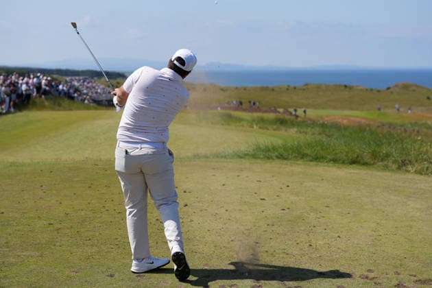 9th July 2026; The Renaissance Club, North Berwick, East Lothian, Scotland: Genesis Scottish Open Golf, Day One; Chris Gotterup plays his tee shot on the 5th hole AlecxBrown