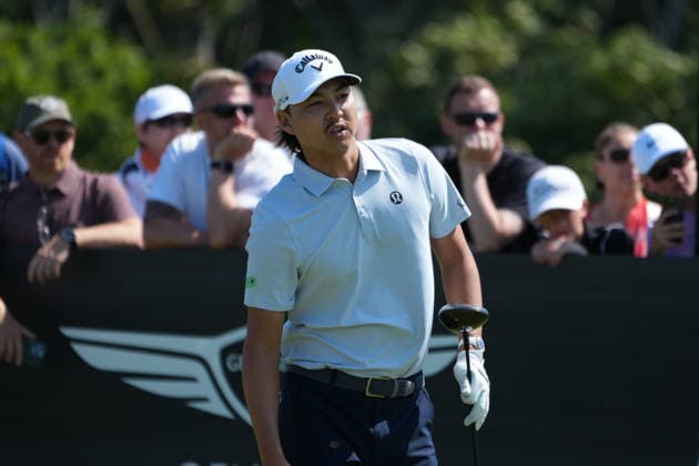9th July 2026; The Renaissance Club, North Berwick, East Lothian, Scotland: Genesis Scottish Open Golf, Day One; Min Woo Lee watches his tee shot on the 7th hole AlecxBrown