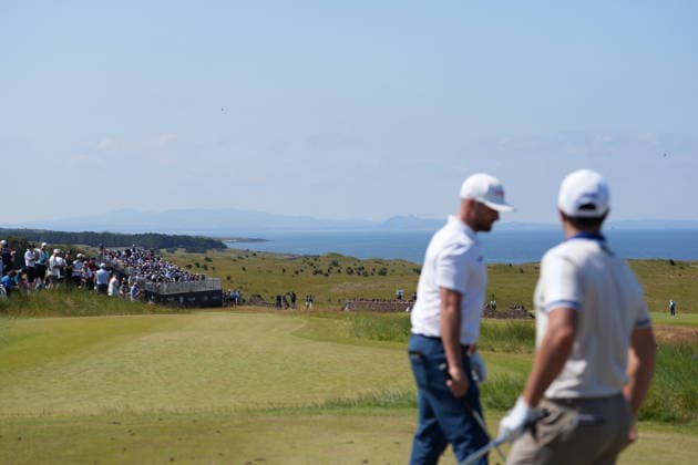 9th July 2026; The Renaissance Club, North Berwick, East Lothian, Scotland: Genesis Scottish Open Golf, Day One; the 5th hole of the Genesis Scottish Open at The Renaissance Club Victor Hovland and Wyndham Clark AlecxBrown