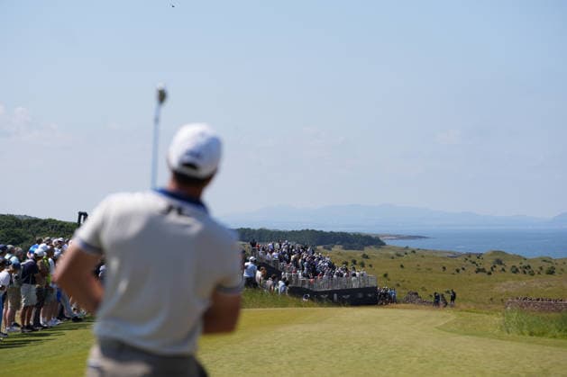 9th July 2026; The Renaissance Club, North Berwick, East Lothian, Scotland: Genesis Scottish Open Golf, Day One; Victor Hovland watches his tee shot on the 5th hole AlecxBrown