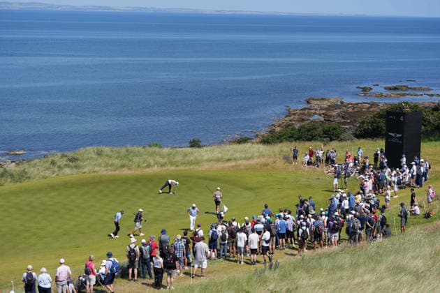 9th July 2026; The Renaissance Club, North Berwick, East Lothian, Scotland: Genesis Scottish Open Golf, Day One; Alex Noren picks up his ball after sinking a putt on the 4th hole at The Renaissance Clubwide ocean view AlecxBrown