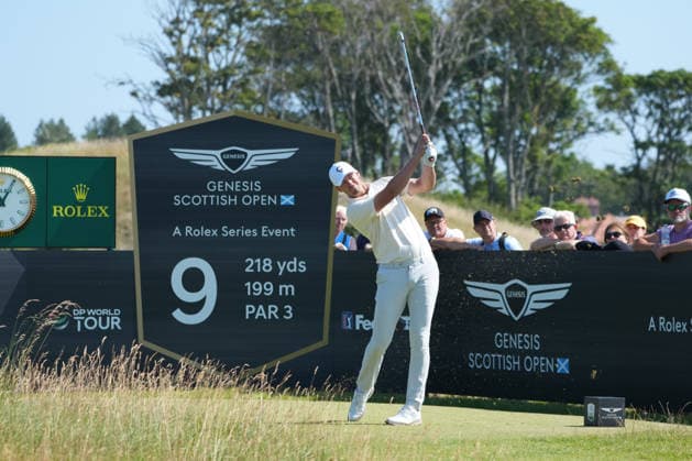 9th July 2026; The Renaissance Club, North Berwick, East Lothian, Scotland: Genesis Scottish Open Golf, Day One; Victor Perez plays his tee shot on the 9th hole AlecxBrown