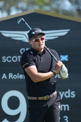 9th July 2026; The Renaissance Club, North Berwick, East Lothian, Scotland: Genesis Scottish Open Golf, Day One; Haotong Li watches his tee shot on the 9th hole AlecxBrown