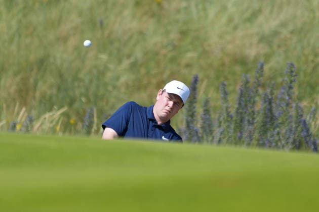 9th July 2026; The Renaissance Club, North Berwick, East Lothian, Scotland: Genesis Scottish Open Golf, Day One; Robert MacIntyre chips onto the green at the 1st hole AlecxBrown