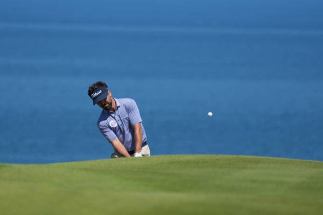 9th July 2026; The Renaissance Club, North Berwick, East Lothian, Scotland: Genesis Scottish Open Golf, Day One; David Ravetto chips onto the green on the 5th hole AlecxBrown