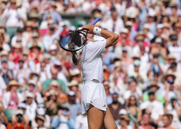 RECORD DATE NOT STATED 9th July 2026; All England Lawn Tennis and Croquet Club, London, England; Wimbledon Tennis Tournament, Day Eleven; Karolina Muchova (CZE) celebrates following victory over Coco Gauff (USA) to reach the Ladies Singles Final JohnxPatrickxFletcher