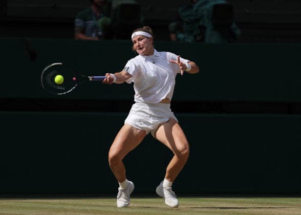 RECORD DATE NOT STATED 9th July 2026; All England Lawn Tennis and Croquet Club, London, England; Wimbledon Tennis Tournament, Day Eleven; Karolina Muchova (CZE) with a forehand shot to Coco Gauff (USA) JohnxPatrickxFletcher