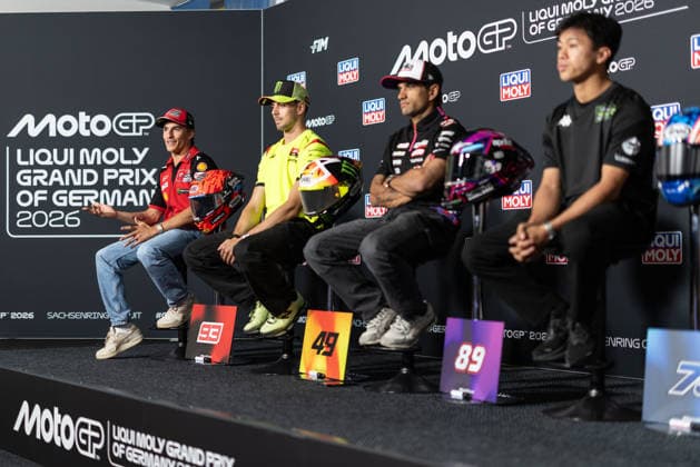 Foto IPP Enrico Schiavi Oberlungwitz 09-07-2026 MotoGP Gran Premio Motociclismo di Germania 2026 press conference, PK, Pressekonferenz nella foto: da sx. Marc Marquez - Ducati Lenovo Team con Fabio Di Giannantonio - Pertamina Enduro VR46 Racing Team, Jorge Martin - Aprilia Racing e Ai Ogura - Trackhouse MotoGP Team Oberlungwitz italy GERMANY ITALY  Copyright: xR4924_italyphotopressx