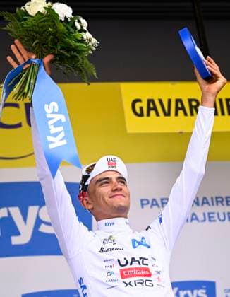 Tour de France 2026 Stage 6 GAVARNIE-CEDRE, FRANCE - JULY 09 : Del Toro Isaac (MEX) of UAE Team Emirates - XRG pictured with the white jersey during the podium ceremony of stage 6 of the 113rd edition of Tour de France an UCI World Tour 2.UWT cycling road race stage for Men Elite of 186 km with start in Pau and finish in Gavarnie-Cedre on July 9, 2026 in Gavarnie-Cedre, France, 09 07 2026 Gavarnie-Cedre France  Copyright: xTomasxSiskx