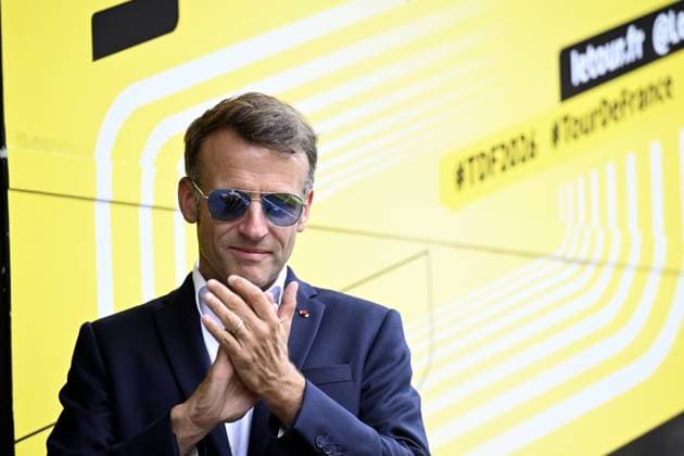 French President Emmanuel Macron pictured on the podium after stage 6 of the 2026 Tour de France cycling race, a stage of 186 km from Pau to Gavarnie-Gedre, on Thursday 09 July 2026. The 113th edition of the Tour de France starts on Saturday 4 July in Barcelona, Spain, and will finish in Paris, France on the 26th of July. JASPERxJACOBS  x180790523x