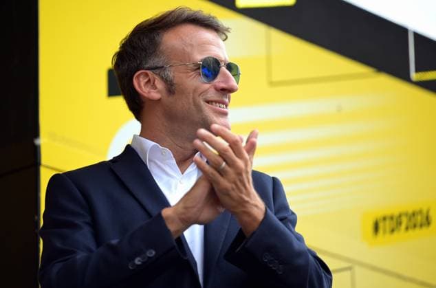 French President Emmanuel Macron pictured on the podium after stage 6 of the 2026 Tour de France cycling race, a stage of 186 km from Pau to Gavarnie-Gedre, on Thursday 09 July 2026. The 113th edition of the Tour de France starts on Saturday 4 July in Barcelona, Spain, and will finish in Paris, France on the 26th of July. DAVIDxPINTENS  x180790524x