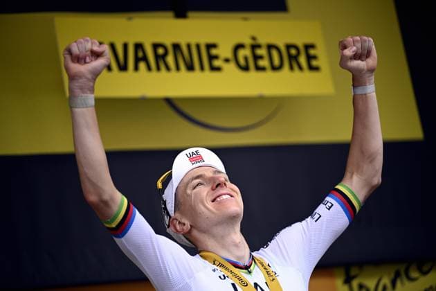 Slovenian Tadej Pogacar of UAE Team Emirates XRG celebrates after winning stage 6 of the 2026 Tour de France cycling race, a stage of 186 km from Pau to Gavarnie-Gedre, on Thursday 09 July 2026. The 113th edition of the Tour de France starts on Saturday 4 July in Barcelona, Spain, and will finish in Paris, France on the 26th of July. JASPERxJACOBS  x180790526x