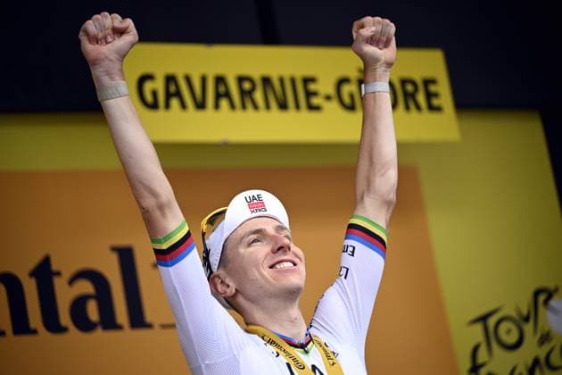 Slovenian Tadej Pogacar of UAE Team Emirates XRG celebrate on the podium of stage 6 of the 2026 Tour de France cycling race, a stage of 186 km from Pau to Gavarnie-Gedre, on Thursday 09 July 2026. The 113th edition of the Tour de France starts on Saturday 4 July in Barcelona, Spain, and will finish in Paris, France on the 26th of July. JASPERxJACOBS  x180791340x