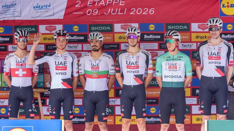 09.07.2026, Franz Josefs Höhe, AUT, Lidl Tour of Austria 2026, Etappe 2 von Bad Kleinkirchheim nach Franz Josefs Höhe Großglockner (188,8 km), im Bild UAE TEAM EMIRATES XRG v.l. Jan Christen (SUI), Vegard Stake Laengen (NOR), Antonio Tomas Morgado (POR), Igor Arrieta Lizarraga (ESP), Matteo Vanden Wijngaert (BEL), Kevin Vermaerke (USA) UAE TEAM EMIRATES XRG v.l. Jan Christen (SUI) Vegard Stake Laengen (NOR) Antonio Tomas Morgado (POR) Igor Arrieta Lizarraga (ESP) Matteo Vanden Wijngaert (BEL) Kevin Vermaerke (USA) during the stage 2 from Bad Kleinkirchheim to Franz Josefs Höhe Großglockner (188,8 km) of the Tour of Austria. Franz Josefs Höhe, Austria on. Pictures 2026, PhotoCredit: Johann Groder Foto:Eibner-Pressefoto Groder Franz Josefs Höhe *** July 9, 2026, Franz Josefs Höhe, AUT, Lidl Tour of Austria 2026, Stage 2 from Bad Kleinkirchheim to Franz Josefs Höhe Großglockner, 188.8 km; pictured: UAE TEAM EMIRATES XRG, from left: Jan Christen SUI, Vegard Stake Laengen NOR, Antonio Tomas Morgado (POR), Igor Arrieta Lizarraga (ESP), Matteo Vanden Wijngaert (BEL), Kevin Vermaerke (USA), UAE TEAM EMIRATES XRG (from left: Jan Christen (SUI), Vegard Stake Laengen (NOR), Antonio Tomas Morgado (POR), Igor Arrieta Lizarraga (ESP), Matteo Vanden Wijngaert (BEL), Kevin Vermaerke (USA)) during Stage 2 from Bad Kleinkirchheim to Franz Josefs Höhe, Großglockner 188.8 km of the Tour of Austria at Franz Josefs Höhe, Austria, in Pictures 2026, Photo Credit: Johann Groder, Foto Eibner, Press Photo Groder, Franz Josefs Höhe  EP_gro