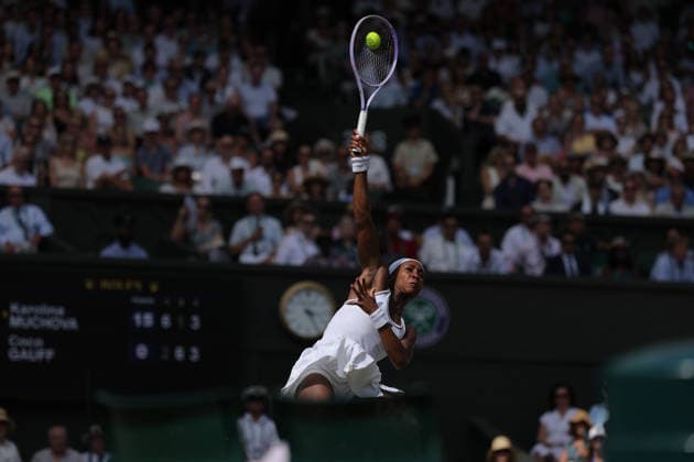 RECORD DATE NOT STATED 9th July 2026; All England Lawn Tennis and Croquet Club, London, England; Wimbledon Tennis Tournament, Day Eleven; Coco Gauff (USA) with an overhead shot to Karolina Muchova (CZE) JohnxPatrickxFletcher