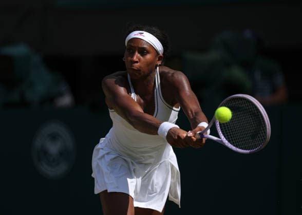 RECORD DATE NOT STATED 9th July 2026; All England Lawn Tennis and Croquet Club, London, England; Wimbledon Tennis Tournament, Day Eleven; Coco Gauff (USA) with a backhand shot to Karolina Muchova (CZE) JohnxPatrickxFletcher