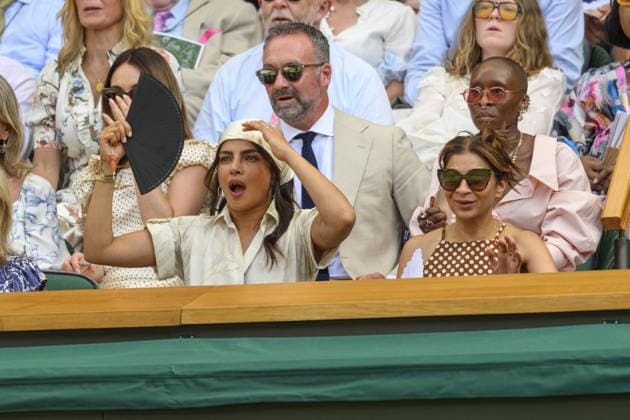 Wimbledon Tennis Championships 2026 - Day 11 LONDON, UNITED KINGDOM - JULY 09: Actress Lily James (rear left), actress Priyanka Chopra (L), Angela Acharia (R) and actress Cynthia Erivo (rear right) watch centre court tennis during day eleven of the 2026 Wimbledon Tennis Championships at The All England Lawn Tennis and Croquet Club in Wimbledon on July 09, 2026, in London, United Kingdom. Ray Tang Anadolu London United Kingdom. Editorial use only. Please get in touch for any other usage.  Copyright: x2026xAnadoluxRayxTangx