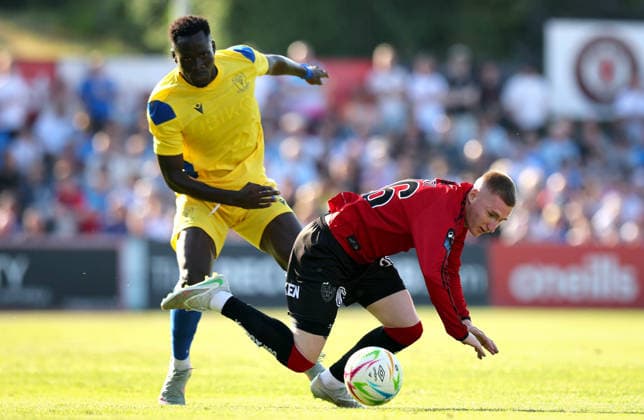 UEFA Europa Conference League First Qualifying Round First Leg, Dalymount Park, Dublin 9 7 2026 Bohemians vs St. Joseph s Bohs™ Ross Tierney and Bakary Essamay Diedhiou of St. Joseph s Ross Tierney and Bakary Essamay Diedhiou 9 7 2026  Copyright: xx RB2_9484