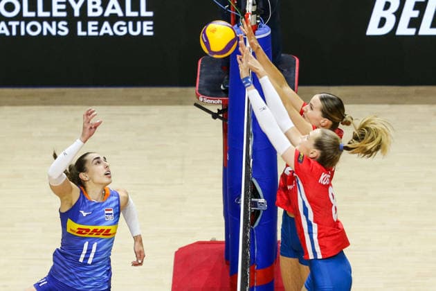 Czech Republic v Netherlands - Women s Volleyball Nations League BELGRADE, SERBIA - JULY 9: Jansen (11) of Netherlands in action against Koulisiani (8) of Czech Republic during the 2026 FIVB Volleyball Women s Nations League match between the Czech Republic and Netherlands in Belgrade, Serbia, on July 9, 2026. Filip Stevanovic Anadolu Belgrade Serbia. Editorial use only. Please get in touch for any other usage.  Copyright: x2026xAnadoluxFilipxStevanovicx