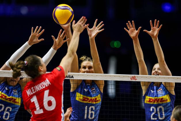 Czech Republic v Netherlands - Women s Volleyball Nations League BELGRADE, SERBIA - JULY 9: Kok (20) of Netherlands in action against Mlejnkova (16) of Czech Republic during the 2026 FIVB Volleyball Women s Nations League match between the Czech Republic and Netherlands in Belgrade, Serbia, on July 9, 2026. Filip Stevanovic Anadolu Belgrade Serbia. Editorial use only. Please get in touch for any other usage.  Copyright: x2026xAnadoluxFilipxStevanovicx