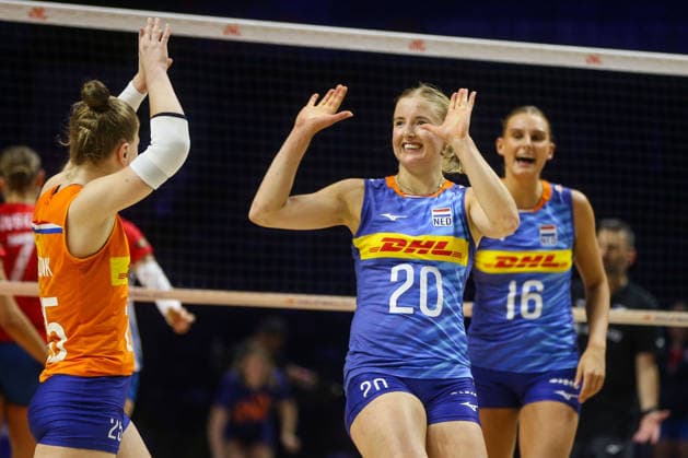 Czech Republic v Netherlands - Women s Volleyball Nations League BELGRADE, SERBIA - JULY 9: Kok (20) and Reesink (25) of Netherlands celebrate after a point during the 2026 FIVB Volleyball Women s Nations League match between the Czech Republic and Netherlands in Belgrade, Serbia, on July 9, 2026. Filip Stevanovic Anadolu Belgrade Serbia. Editorial use only. Please get in touch for any other usage.  Copyright: x2026xAnadoluxFilipxStevanovicx