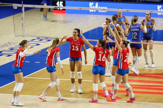Czech Republic v Netherlands - Women s Volleyball Nations League BELGRADE, SERBIA - JULY 9: Players of Czech Republic celebrate after a point during the 2026 FIVB Volleyball Women s Nations League match between the Czech Republic and Netherlands in Belgrade, Serbia, on July 9, 2026. Filip Stevanovic Anadolu Belgrade Serbia. Editorial use only. Please get in touch for any other usage.  Copyright: x2026xAnadoluxFilipxStevanovicx
