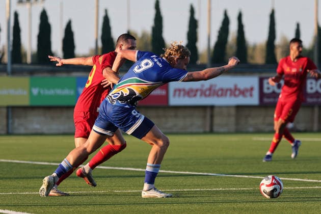 Sergiy Vakulenko (left) of Pyunik is in action against Rasmus Linden of Marsaxlokk during the UEFA Conference League First Qualifying Round, 1st Leg match between Marsaxlokk and Pyunik at Centenary Stadium, Ta Qali, Malta on 09 July, 2026. Marsaxkokk v Pyunik - UEFA Conference League First Qualifying Round 1st Leg