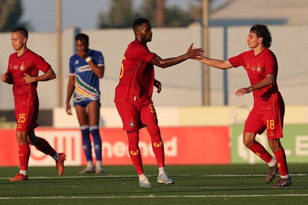 Momo Yansane (left) of Pyunik reacts in celebration with team mate Karlen Hovhannisyan after scoring the 0-1 goal from a penalty during the UEFA Conference League First Qualifying Round, 1st Leg match between Marsaxlokk and Pyunik at Centenary Stadium, Ta Qali, Malta on 09 July, 2026. Marsaxkokk v Pyunik - UEFA Conference League First Qualifying Round 1st Leg