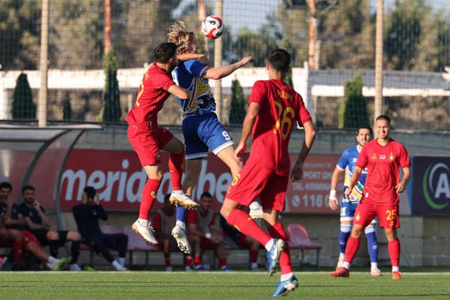 Rasmus Linden (top, centre) of Marsaxlokk heads the ball the UEFA Conference League First Qualifying Round, 1st Leg match between Marsaxlokk and Pyunik at Centenary Stadium, Ta Qali, Malta on 09 July, 2026. Marsaxkokk v Pyunik - UEFA Conference League First Qualifying Round 1st Leg