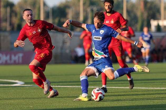 Sergiy Vakulenko (left) of Pyunik follows Redon Mihana of Marsaxlokk during the UEFA Conference League First Qualifying Round, 1st Leg match between Marsaxlokk and Pyunik at Centenary Stadium, Ta Qali, Malta on 09 July, 2026. Marsaxkokk v Pyunik - UEFA Conference League First Qualifying Round 1st Leg