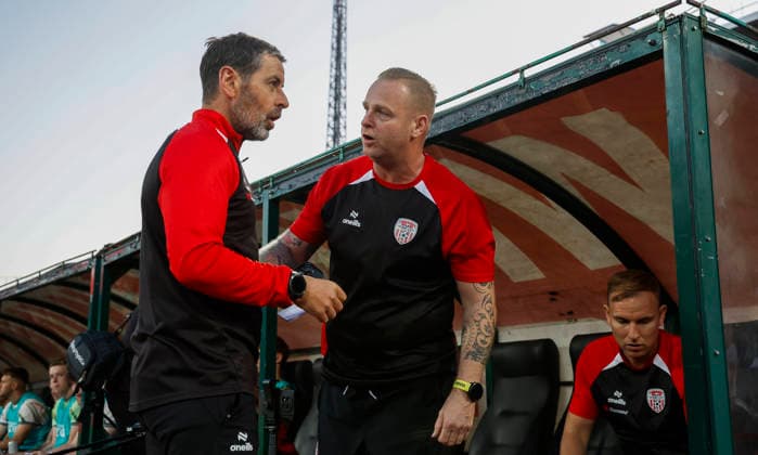 UEFA Europa League First Qualifying Round First Leg, Vasil Levski National Stadium, Sofia, Bulgaria 9 7 2026 CSKA Sofia vs Derry City Derry City manager Tiernan Lynch and goalkeeping coach Anthony Fennelly Tiernan Lynch and Anthony Fennelly 9 7 2026  Copyright: xx _63A1287