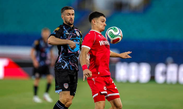 UEFA Europa League First Qualifying Round First Leg, Vasil Levski National Stadium, Sofia, Bulgaria 9 7 2026 CSKA Sofia vs Derry City Derry™s Michael Duffy with Petko Panayotov of CSKA Sofia Michael Duffy with Petko Panayotov 9 7 2026  Copyright: xx _63A1497